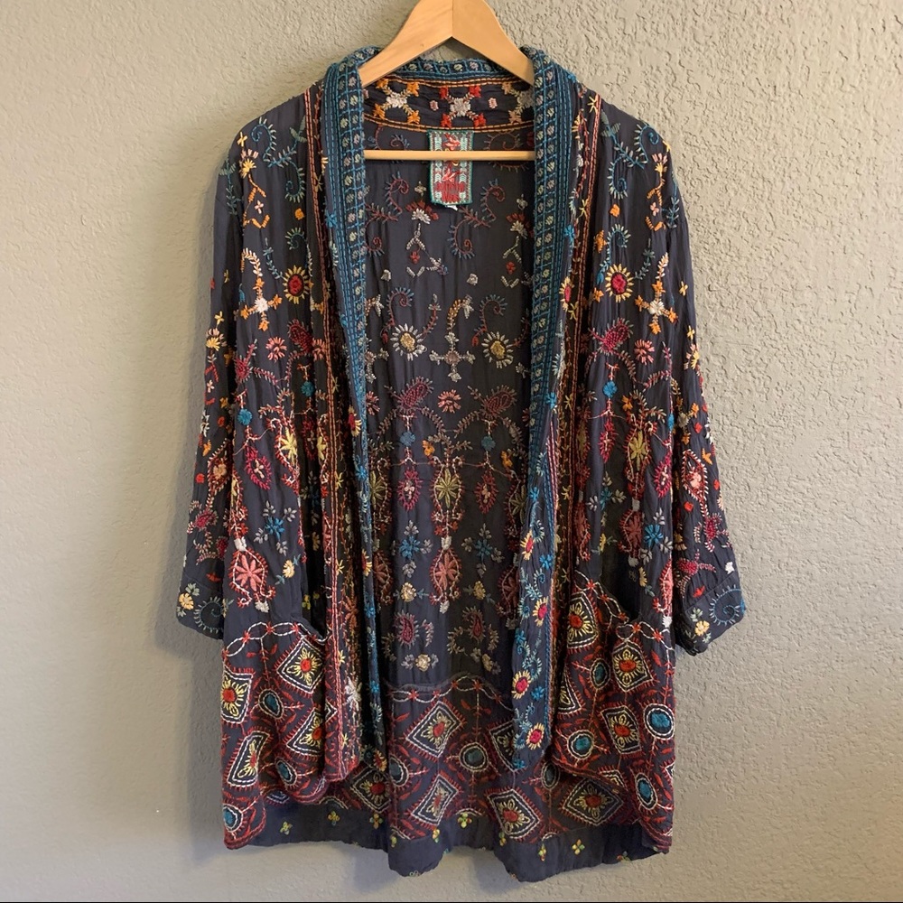 Johnny Was Fully Embroidered Floral Dark Gray Multicolored Open Front Kimono